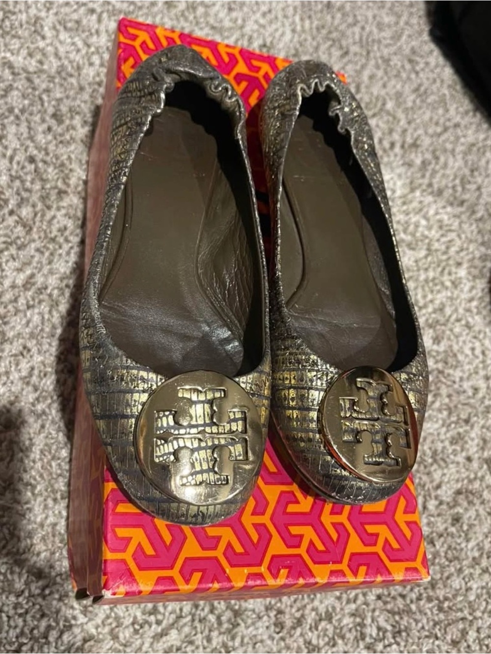 Tory Burch Reva Bronze Textured Logo Ballet Flats